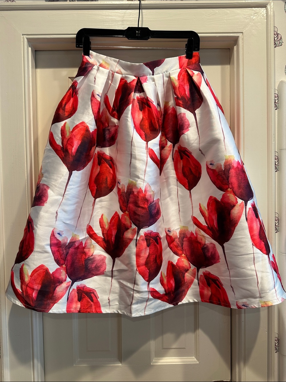 Lulu's White A-Line Skirt with Red Floral Print